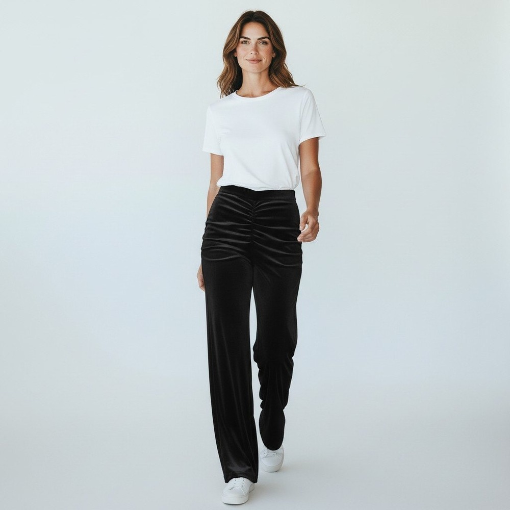 Talbots Velvet Wide Leg Pants 14W Black Ruched High Rise Pull On Evening Holiday